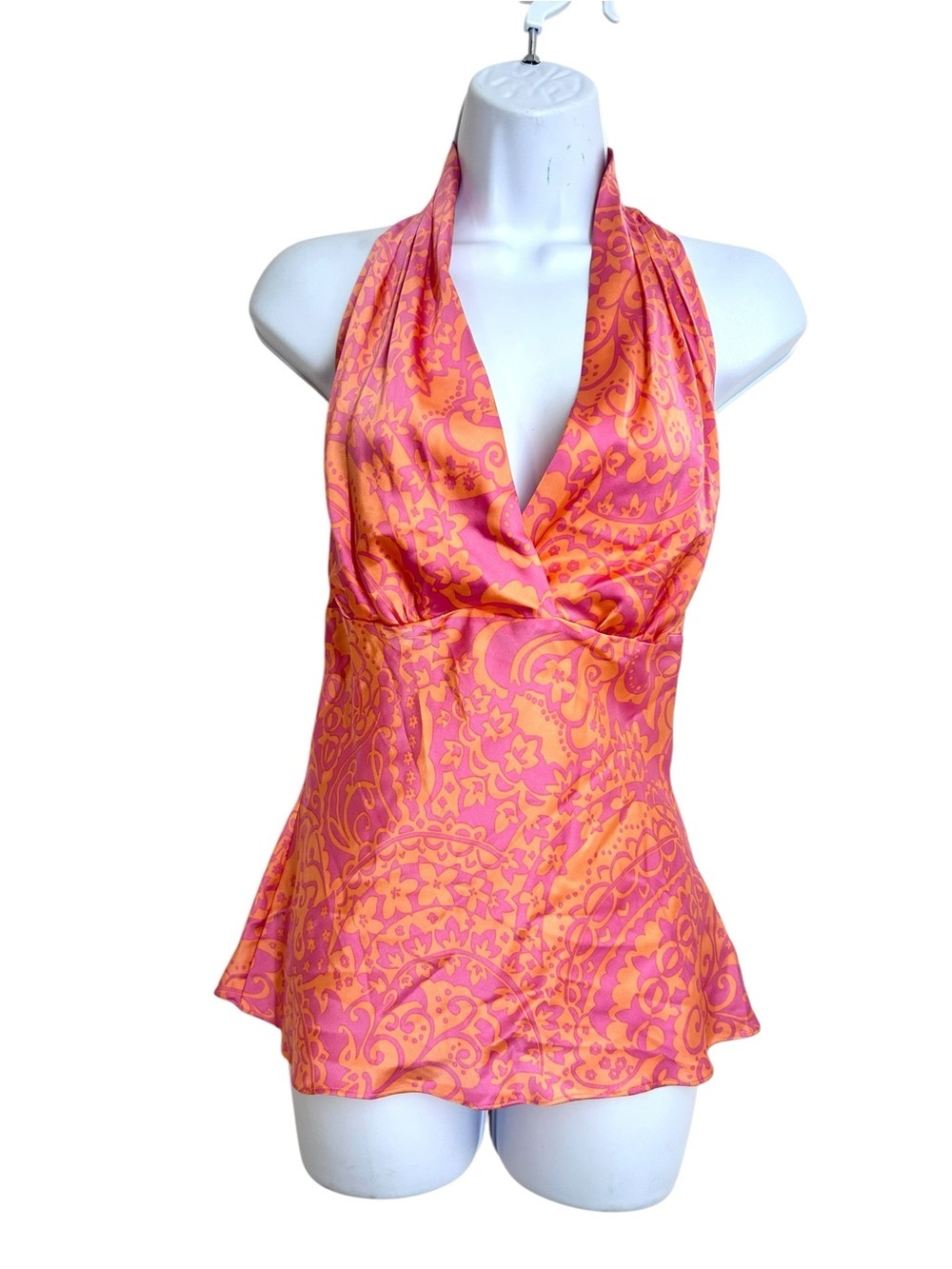 Express Vtg Y2K Silk Satin Pink Orange Paisley Halter Going Out Top M NWT